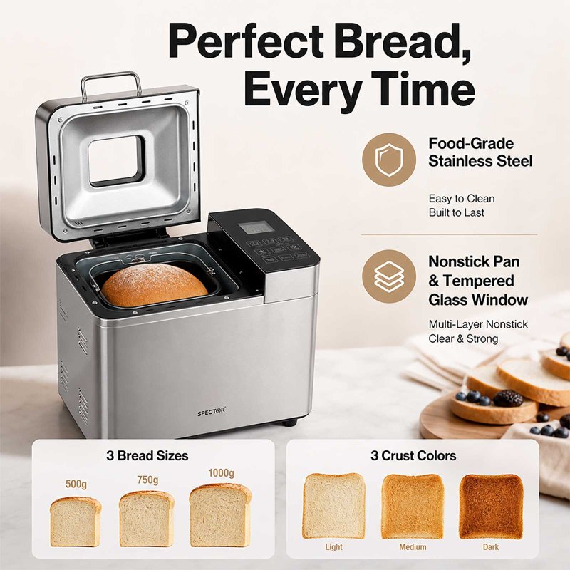 Spector Bread Maker 25 In 1 15H Timer 3 Loaf Sizes with LCD for Home Baking