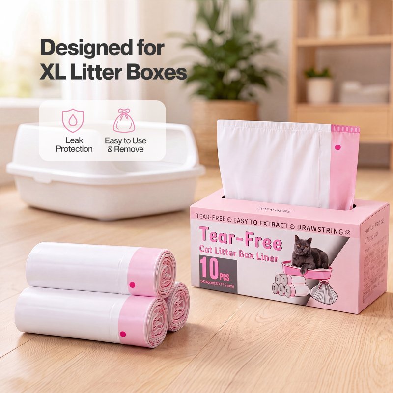 Skylos Cat Litter Bags XL for Standard Trays Heavy Duty Drawstring 30pc Pink