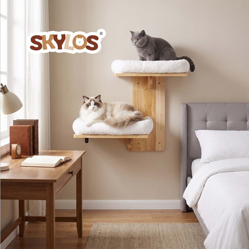 Skylos Cat Wall Shelves 2 Platform Steps Rubber Wood for Cat Climbing White