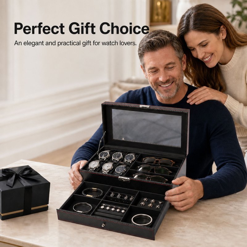 Watch Box Watch Storage Jewelry Box 2 Layer Glass Lid Lockable Display Black