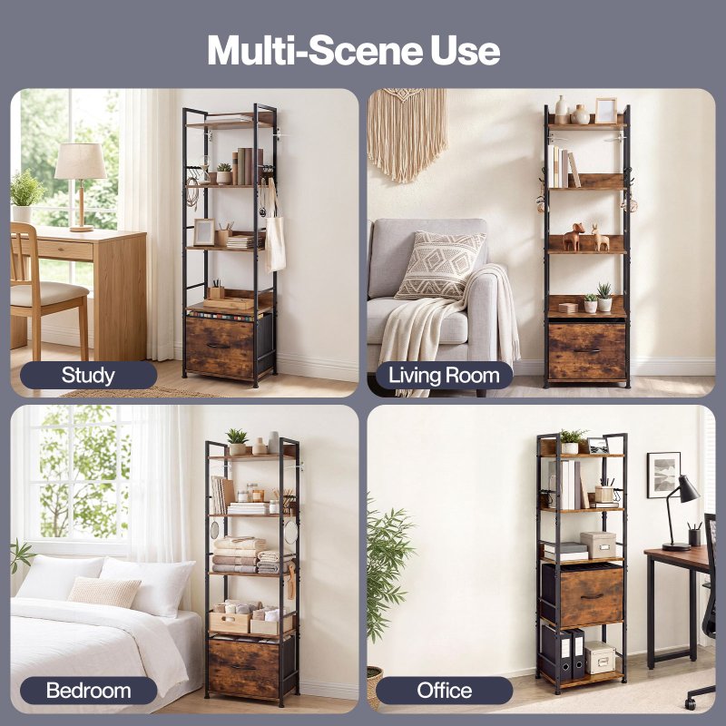 Levede Bookcase Drawer 5 Tier Slim Book Shelf Storage Unit Living Room Brown