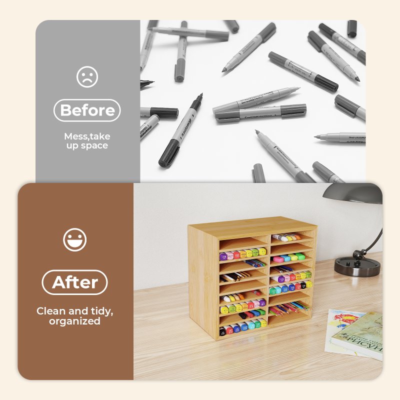 Levede Marker Pen Storage Bamboo 18 Compartment Desk Organiser Craft Stationary