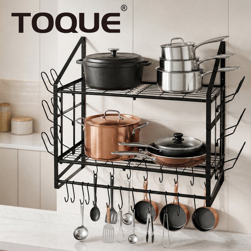 TOQUE Pot Rack Kitchen Storage Organiser Shelf Pan Rack 20 Hooks Lid Holders