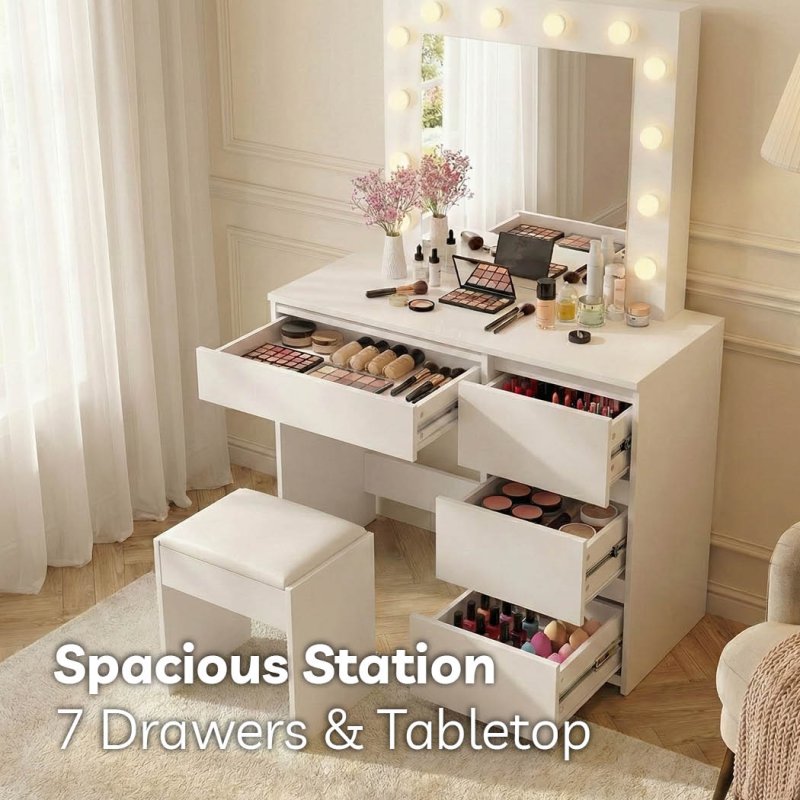 Levede Vanity Makeup Dressing Table White with Led Light Mirror Drawer PU Stool