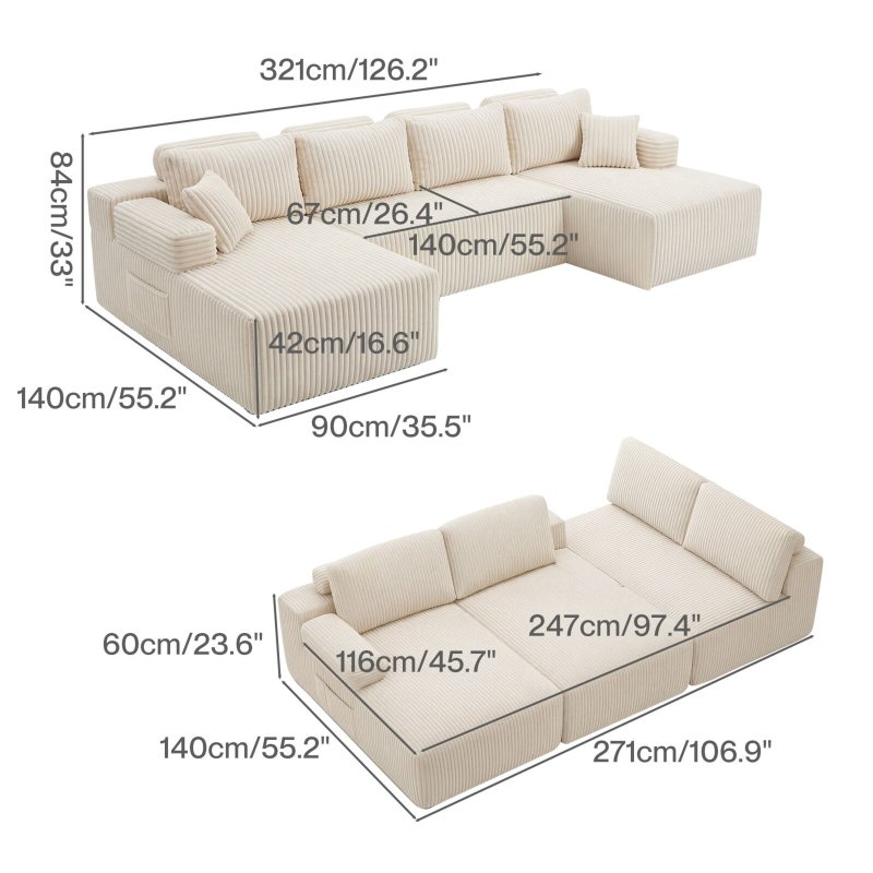 Levede Modular Sectional Sofa Bed 3 Seater U Shaped Convertible Soft Boneless