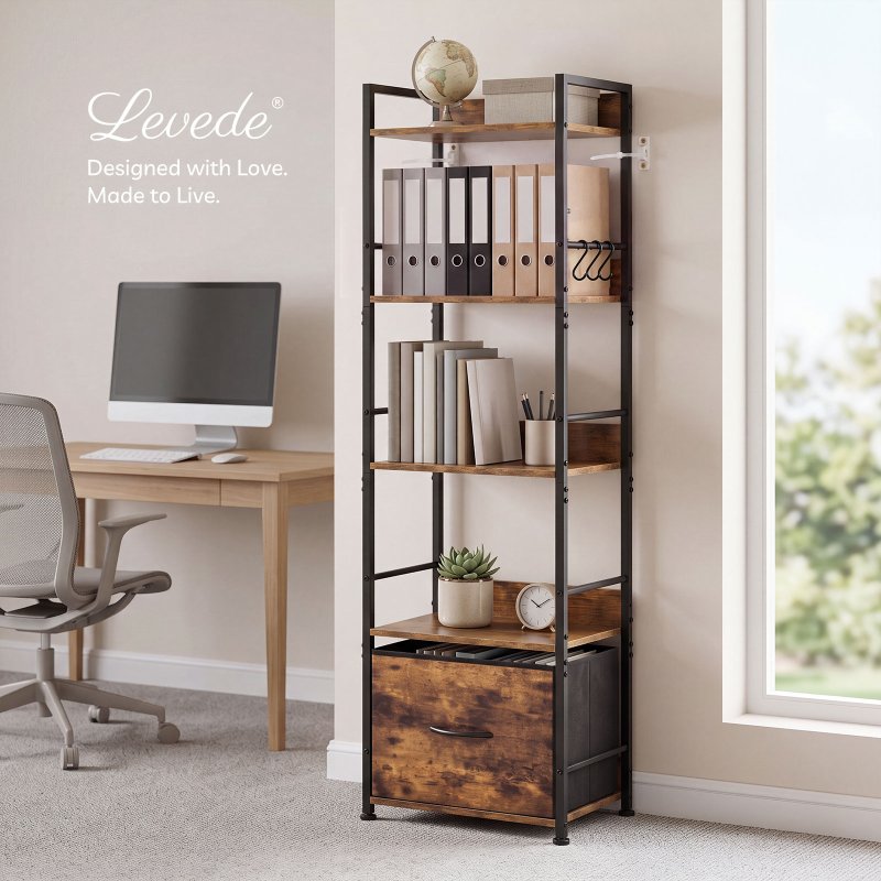 Levede Bookcase Drawer 5 Tier Slim Book Shelf Storage Unit Living Room Brown
