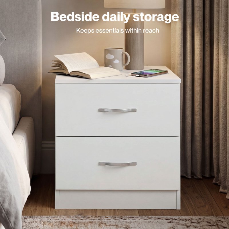 Levede Bedside Table With 2 Drawer Metal Handles Runners White Bedroom Cabinet