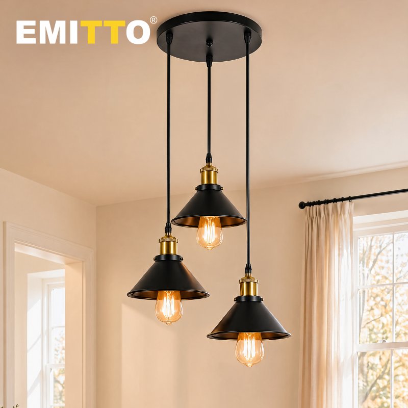 Emitto Pendant Light 3 Lights Height Adjustable Vintage Ceiling Light Black