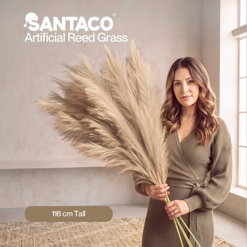Santaco Pampas Grass Artificial 3Pcs 116cm Handcrafted Faux Silk Vase Brown
