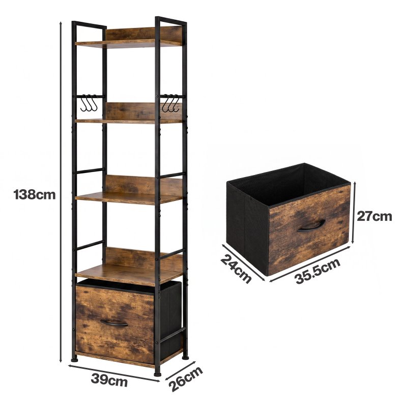 Levede Bookcase Drawer 5 Tier Slim Book Shelf Storage Unit Living Room Brown