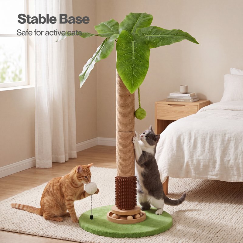 Skylos Cat Scratching Post Palm Tree Cat Scratcher With Brush Toy Indoor Green
