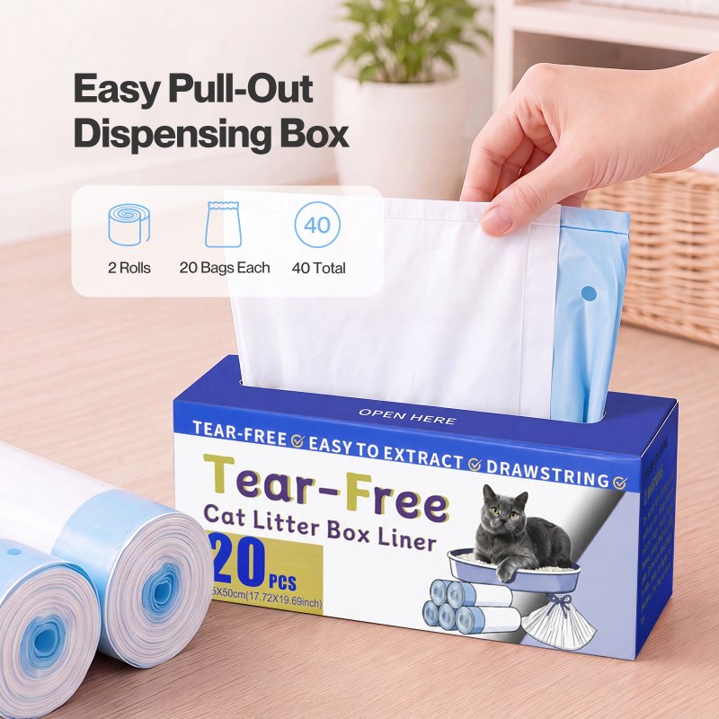 Skylos Cat Litter Bags Auto Scoop Bin Liners Heavy Duty Drawstring 40 Pack Blue