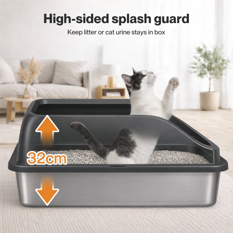 Skylos Stainless Steel Cat Litter Box Big Cats Kitten High Sided Easy Clean Grey