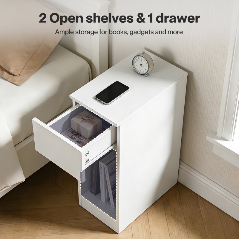 Levede Bedside Table Cabinet Narrow Slim Side Cabinet White Drawer Open Shelf