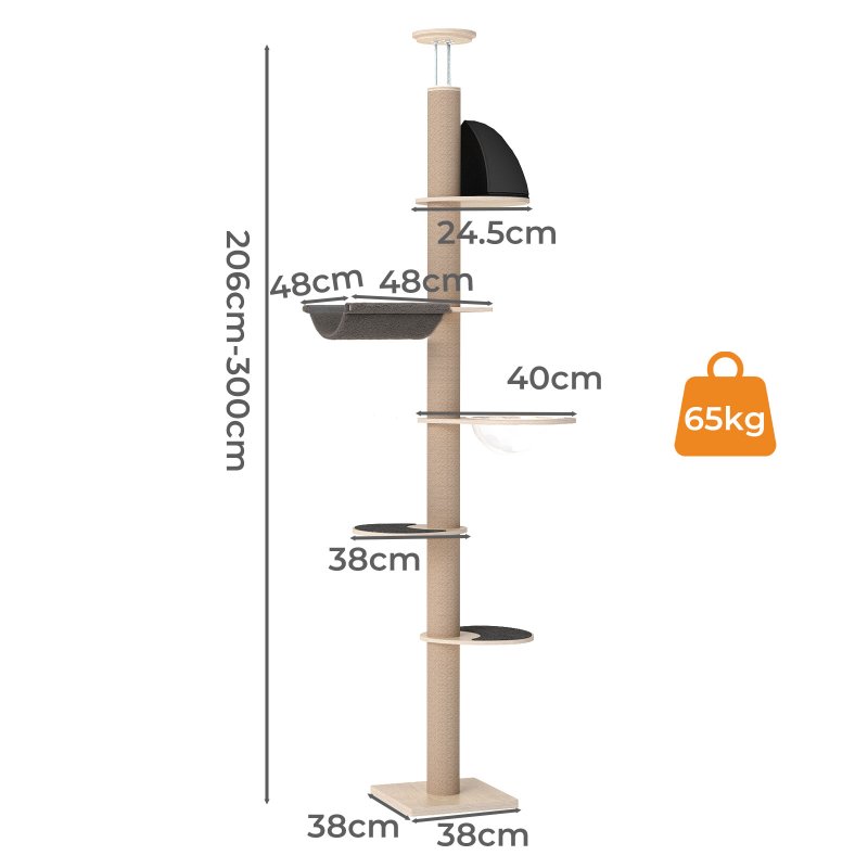 Skylos Floor to Ceiling Cat Tree Adjustable Height 206-300cm 6-Tier Cat Tower