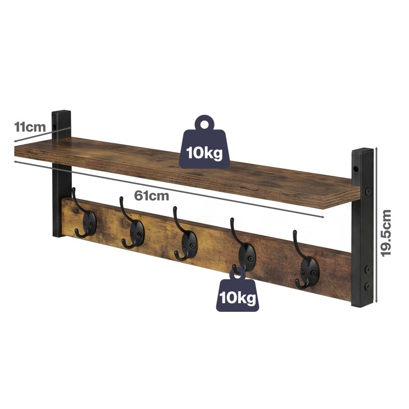 Levede Coat Rack Wall Mounted Wooden Hooks Hangers Storage Shelf 2 Pack Brown