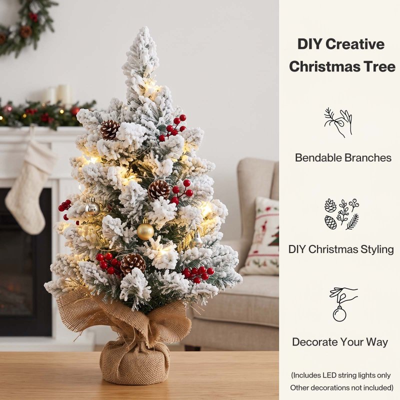 Santaco Christmas Tree Mini 49cm Snow Flocked PVC LED Tabletop Desk Xmas White