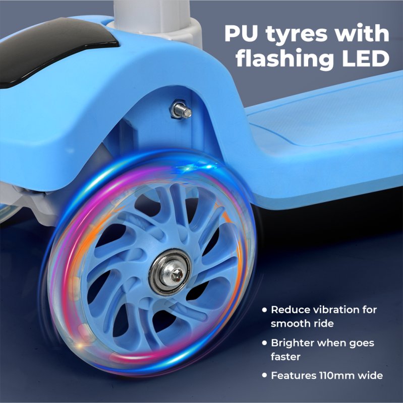 Dekko Foldable Kids Scooter Adjustable Height Flashing LED Music 3 Wheels Blue