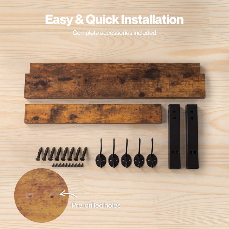 Levede Coat Rack Wall Mounted Wooden Hooks Hangers Storage Shelf 2 Pack Brown