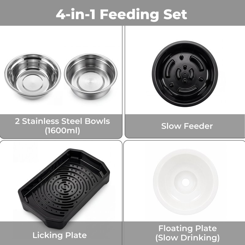 Skylos Raised Dog Bowl 4-Height Adjustable Feeding Station Full Set 1600ml Black