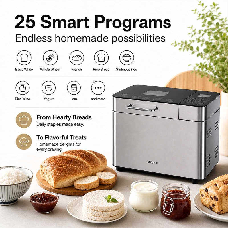 Spector Bread Maker 25 In 1 15H Timer 3 Loaf Sizes with LCD for Home Baking