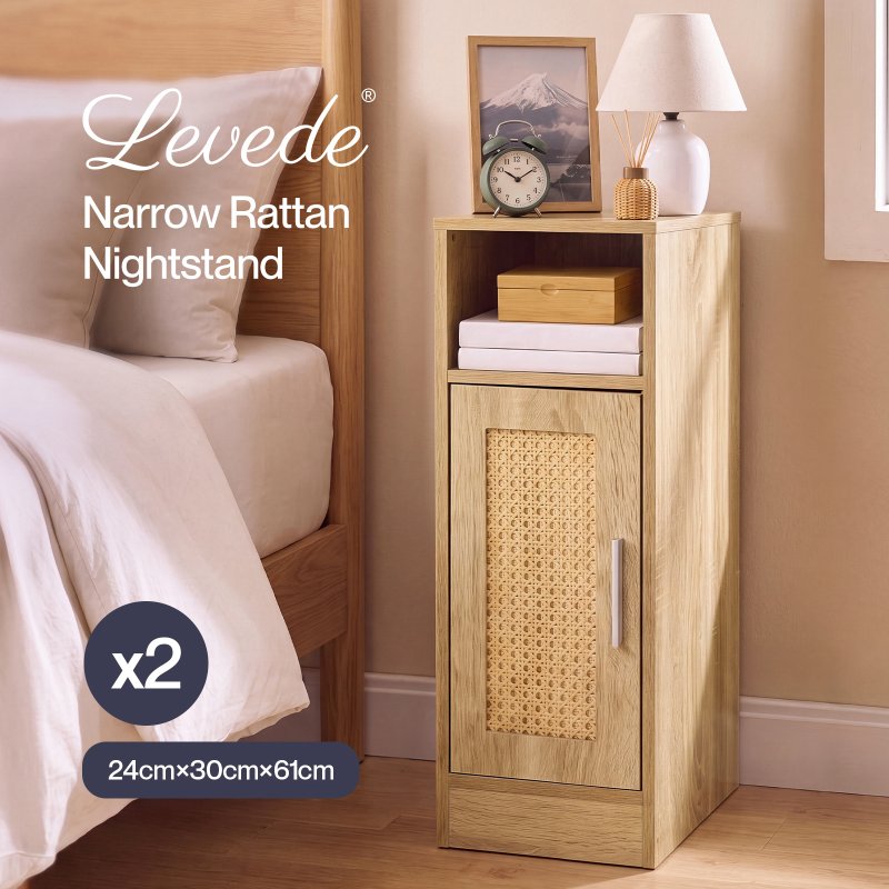 Levede Bedside Table 2 Pc Narrow Side Table Boho Rattan Storage For Bedroom Wood