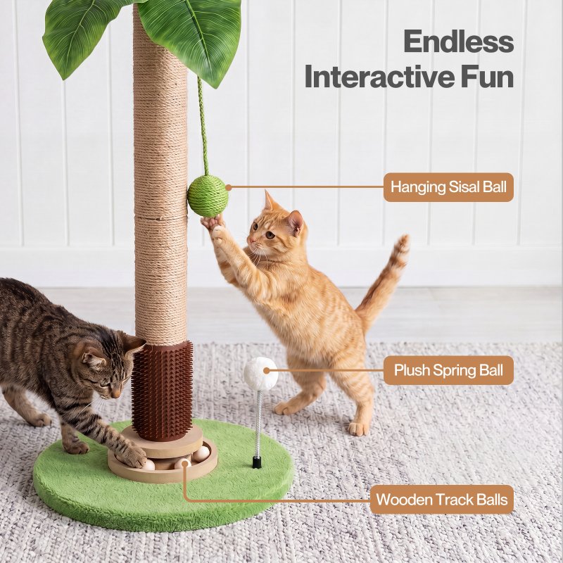 Skylos Cat Scratching Post Palm Tree Cat Scratcher With Brush Toy Indoor Green