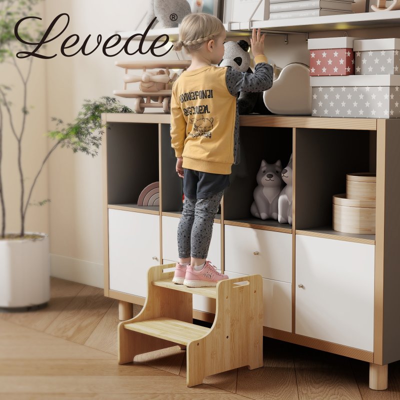 Levede Bamboo Step Stool with Handle Shelf Footstool Bathroom Kitchen Bed 220Lbs