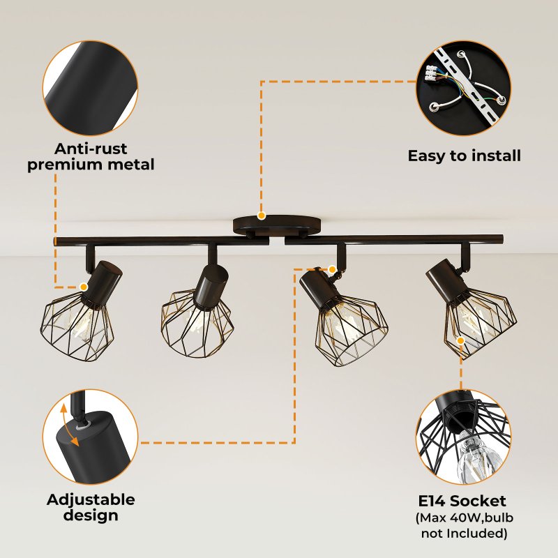 EMITTO LED Spot Ceiling Light 4-Way Adjustable Vintage Black Metal E14 Fixture