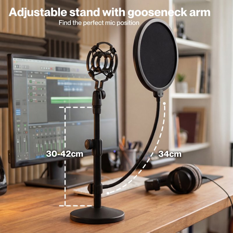 Levede Desktop Microphone Stand Adjustable Mic Clip Desk Pop Filter Shock Mount