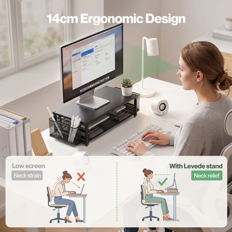 Levede Monitor Riser Desk Organiser with Drawer Metal Monitor Stand Black