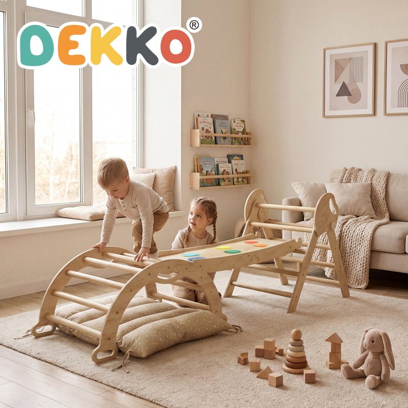 DEKKO 8 in 1 Triangle Climbing Set Kids Wooden Climber with Arch Slide Natural