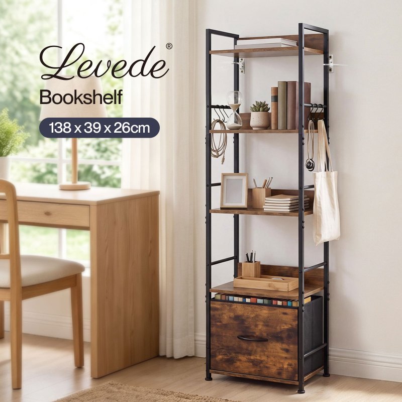 Levede Bookcase Drawer 5 Tier Slim Book Shelf Storage Unit Living Room Brown