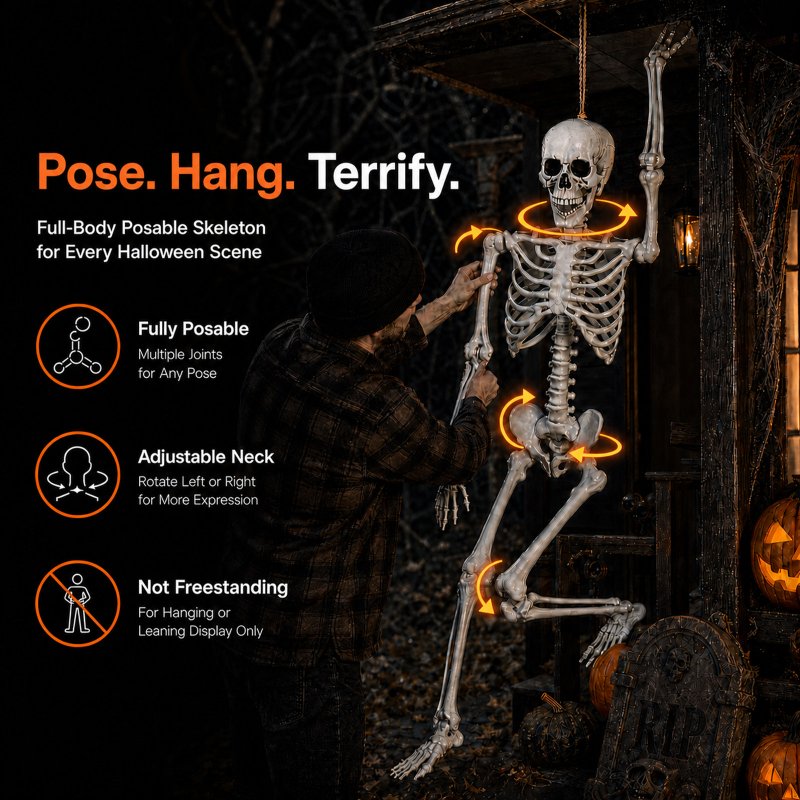 Yezi Halloween Skeleton Life Size 169cm Posable Jointed ABS Spooky Patio White