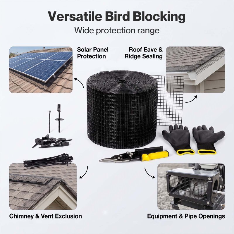 Mountview Bird Proofing Mesh Set PVC 60 Fixing Clips 30m for Solar Panel Black