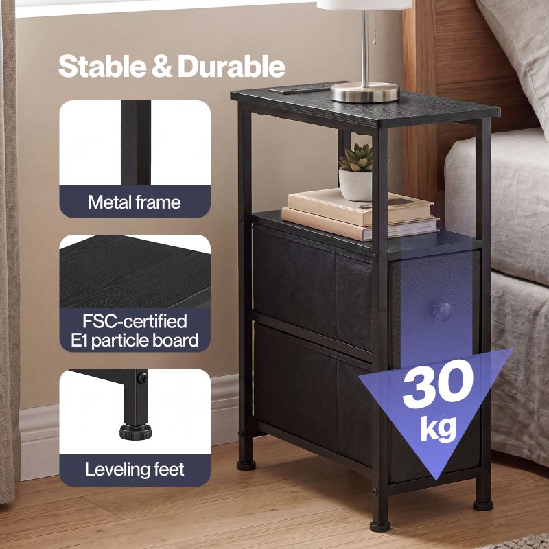 Levede Bedside Table Narrow Side Table with LED Charging Station Storage Black