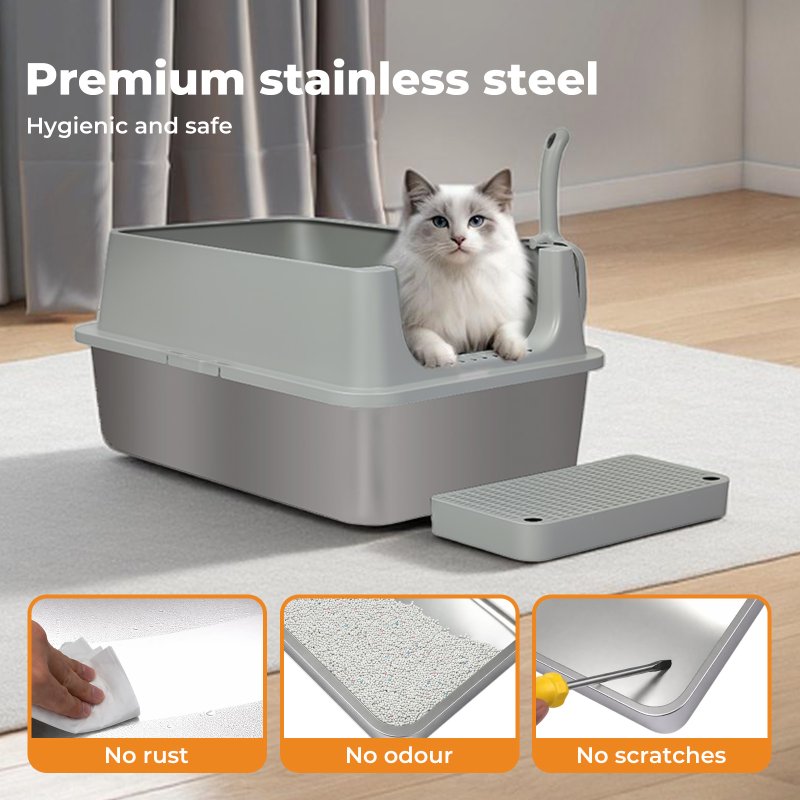 Skylos Stainless Steel Cat Litter Box Semi-Enclosed Easy Cleaning Pet Toilet