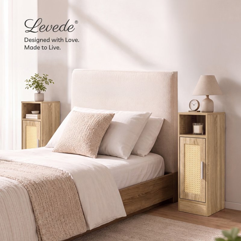 Levede Bedside Table 2 Pc Narrow Side Table Boho Rattan Storage For Bedroom Wood
