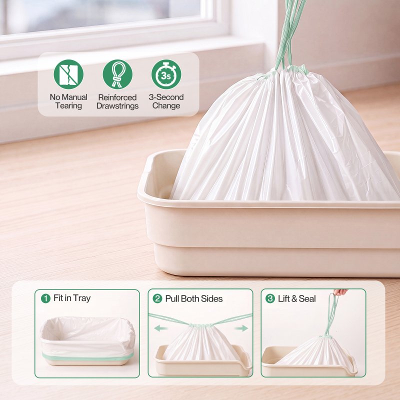 Skylos Cat Litter Bags XL Drawstring Heavy Duty 30 Pack 3 Rolls Easy Seal HDPE