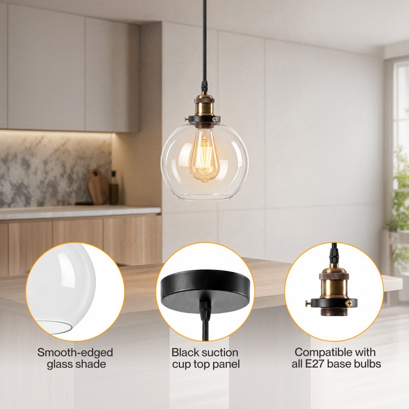 Emitto Ceiling Pendant Light Retro Industrial Glass LampShade Adjustable Cable