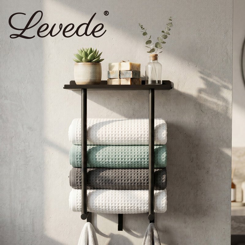 Levede Towel Rack Wall Mounted Shelf Bathroom Storage Holder with Hooks Black