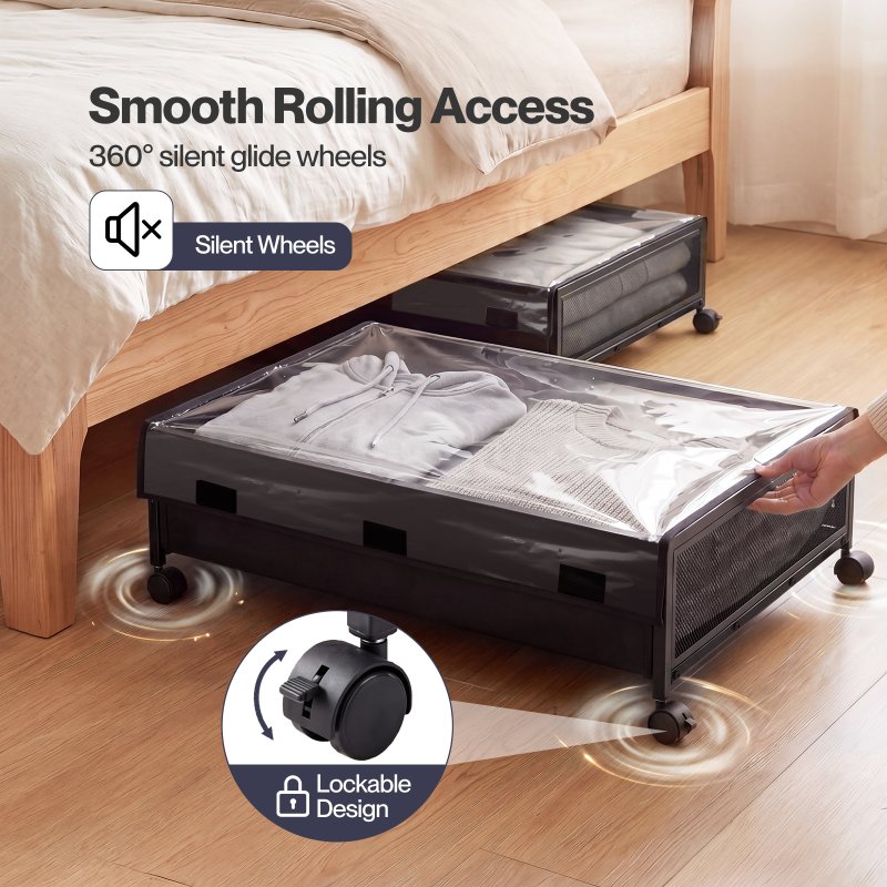 Levede Under Bed Storage Box with Lid Wheels,48L ,Metal Frame,Black