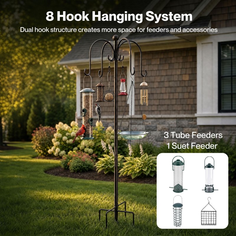 TOQUE Complete Bird Feeding Station 4 Feeders Outdoor Garden Wild Birds Feeder