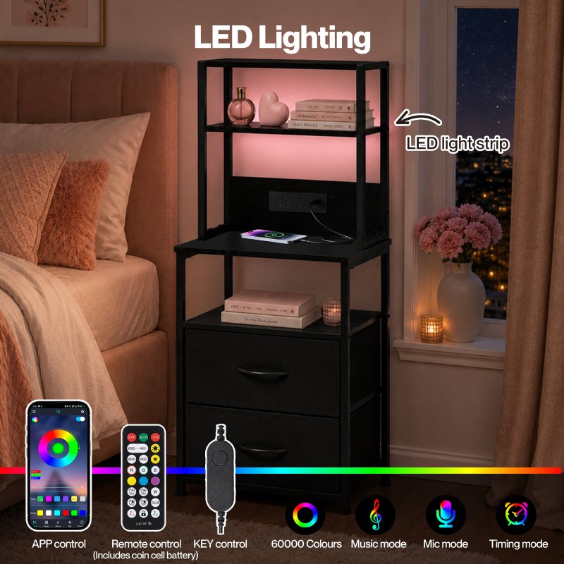 Levede Bedside Table with Charging Station,LED Light 2 Drawers Storage Black