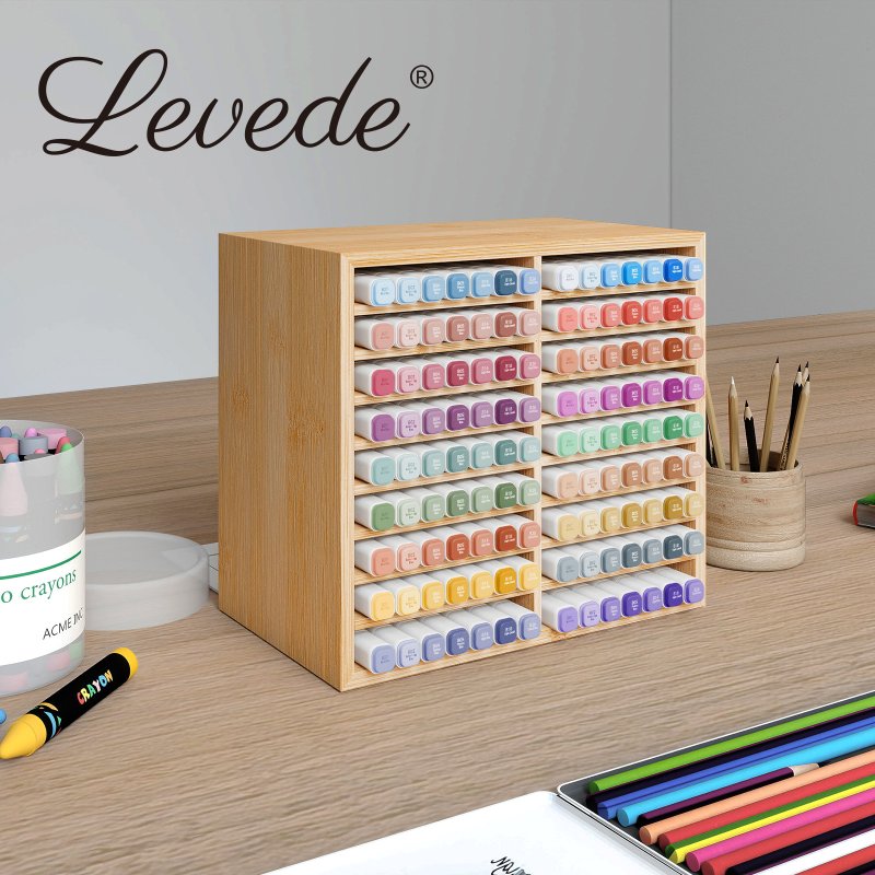 Levede Marker Pen Storage Bamboo 18 Compartment Desk Organiser Craft Stationary