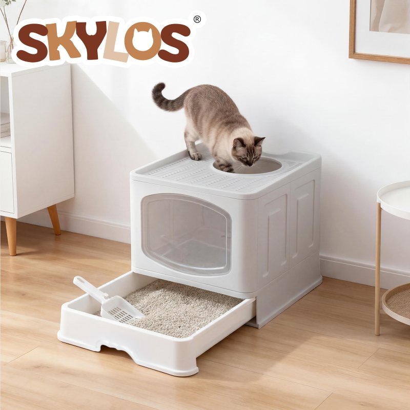 Skylos Cat Litter Box Foldable Entry Top Exit Anti Tracking Cat Litter Tray