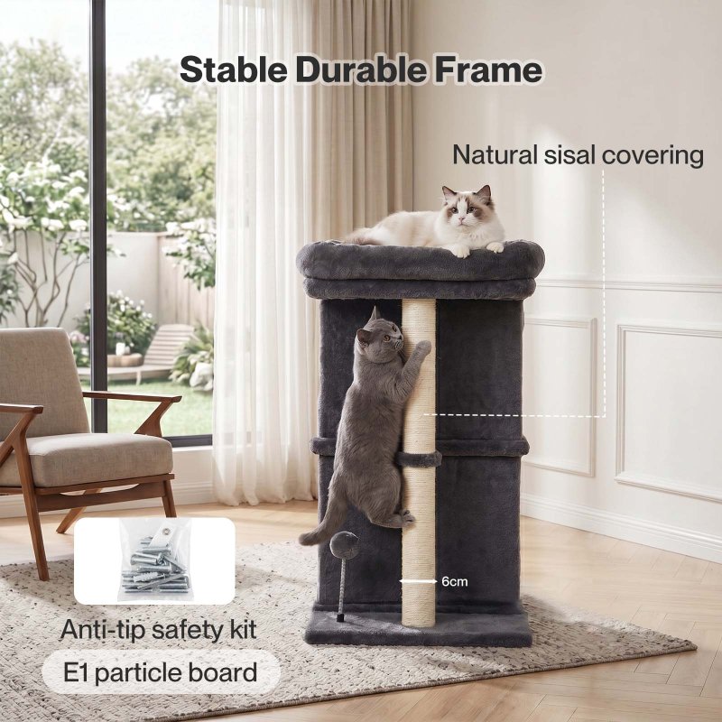 Skylos Cat Tree with Scratching Sisal Post Large Top Perch 2 Condos Dark Grey