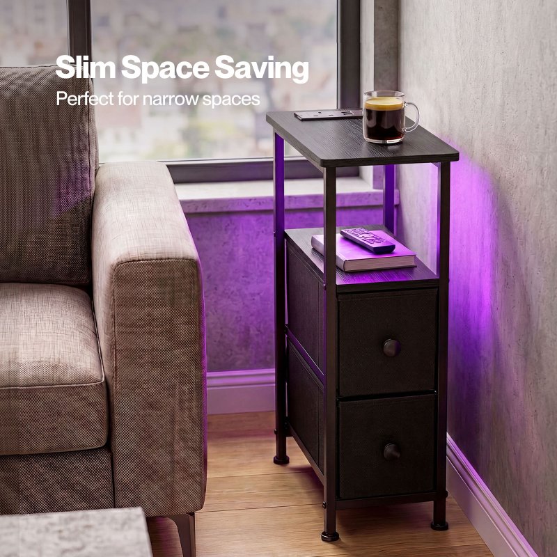 Levede Bedside Table Narrow Side Table with LED Charging Station Storage Black