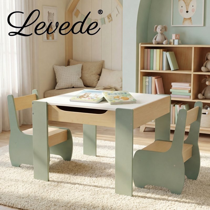 Levede Kids Table and Chair Sets 3-in-1 Study Toy Storage MDF Safe Design Green