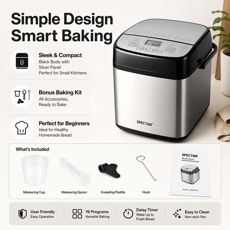 Spector Bread Maker 19 In 1 Compact Machine 15H Timer 1.5Lb for Home Baking